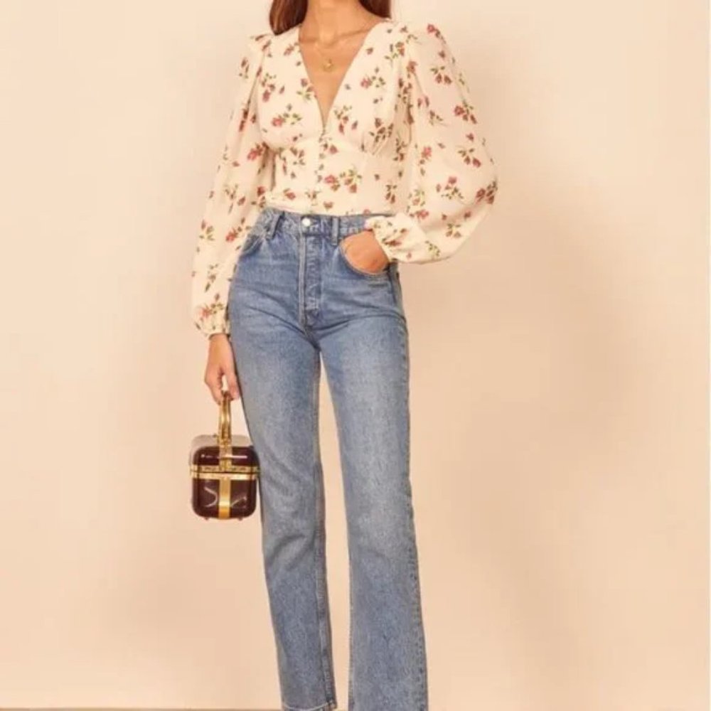 NEW Reformation Sheer back Santino Floral Print Top in Ivory - Size 10 #1393 - Picture 4 of 7